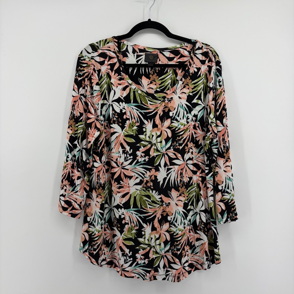 JM Collection Women M‎ 3/4 Sleeve Top Black Floral Tropical Scoop Neck Casual